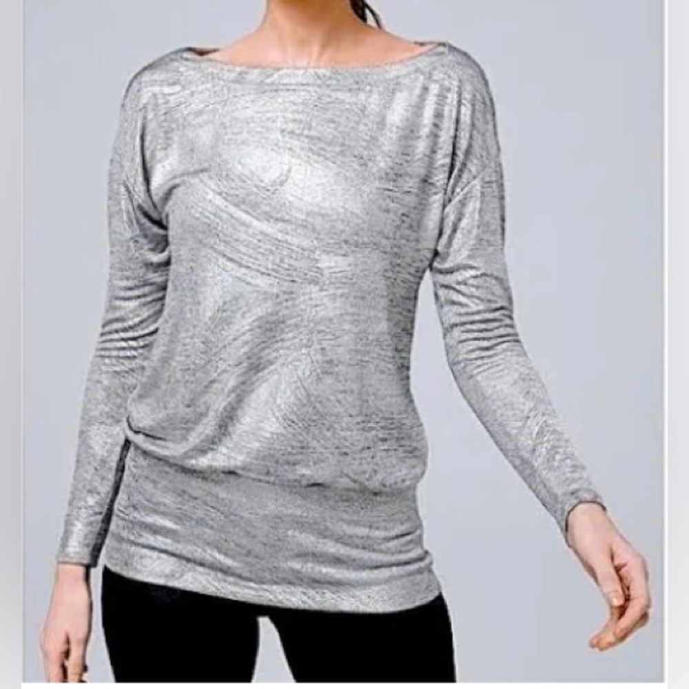 White House Black Market Women’s Tunic with Banded Bottom - Silver Metallic